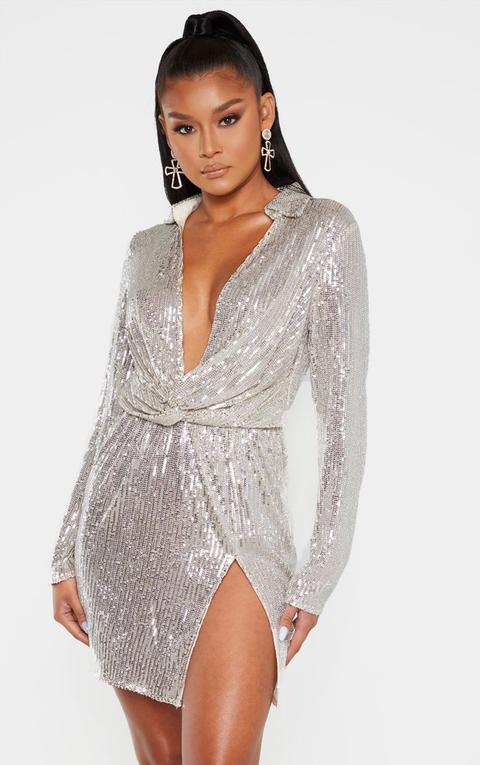 Silver Sequin Embellished Deep Plunge Blazer Style Bodycon Dress