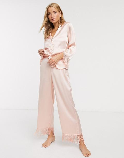 Pijama De Satén Con Pantalones Y Camisas Con Detalle De Flecos De Asos Design Premium-rosa