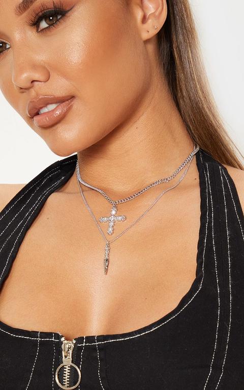 Silver Diamante Cross And Dagger Double 