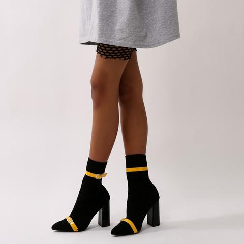 Daniella Yellow Buckle Sock Boots In Black