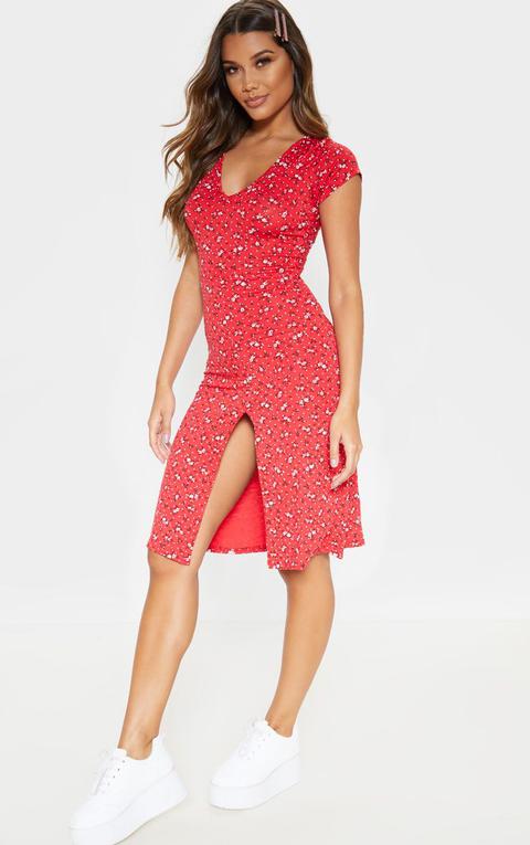 red ditsy floral split midi dress