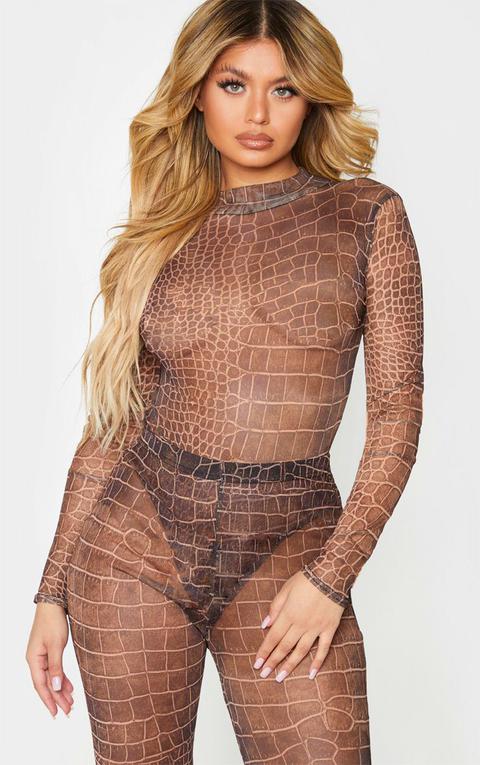 Brown Croc Print Mesh High Neck Long Sleeve Bodysuit