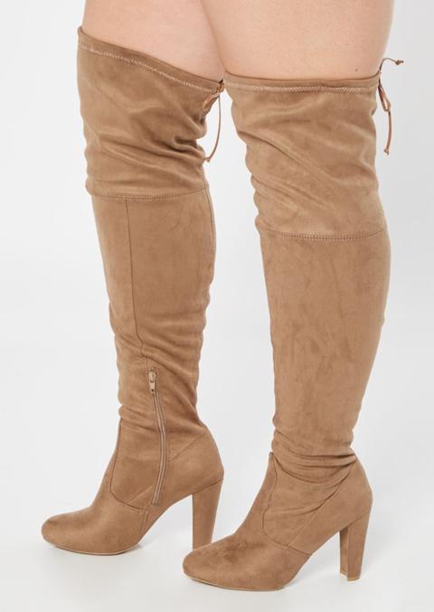 Taupe Faux Suede Over The Knee Heeled Boots - Wide Width