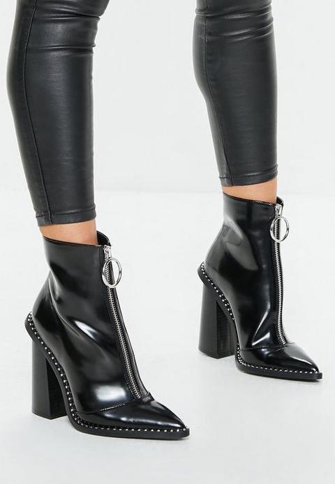 Black Zip Front Ring Pull Boots, Black