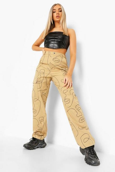 Womens Illustration Print Cargo Trouser - Beige - 14, Beige