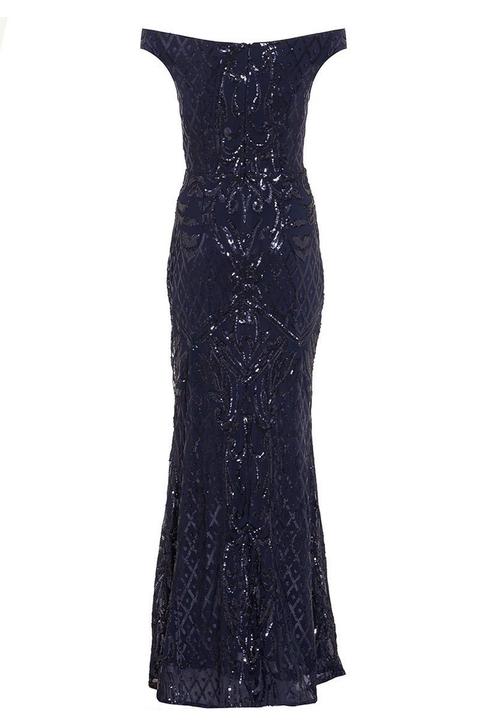 Quiz navy sequin bardot maxi dress hotsell