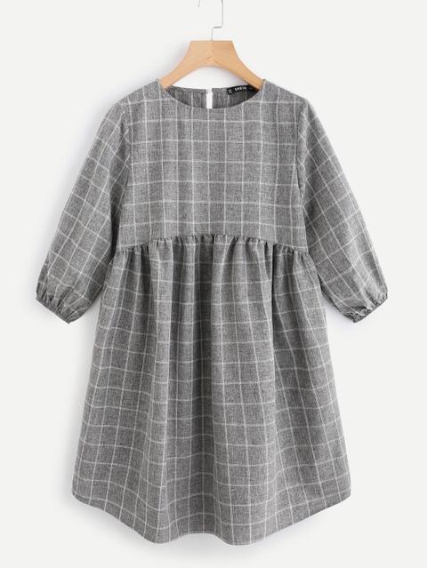 Lantern Sleeve Button Keyhole Back Smock Gingham Dress