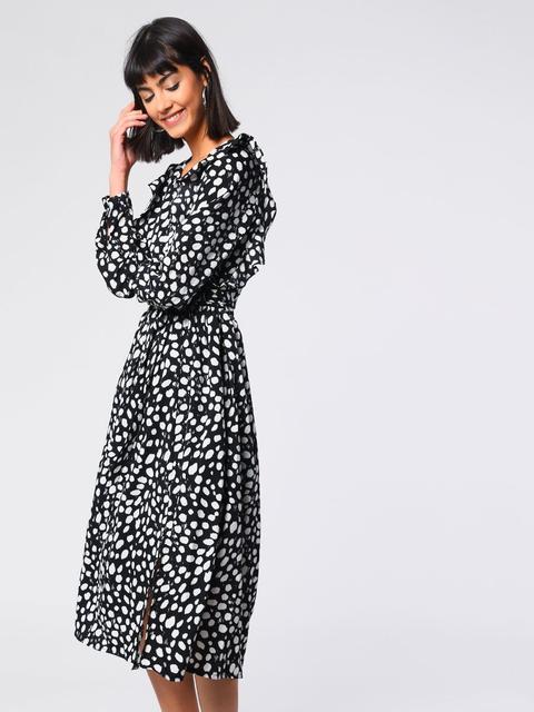 Black Stretch Spot Long Sleeve Ruffle Trim Dress