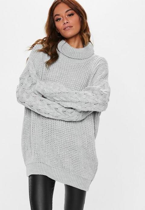 Grey Roll Neck Cable Longline Jumper, Ice Grey