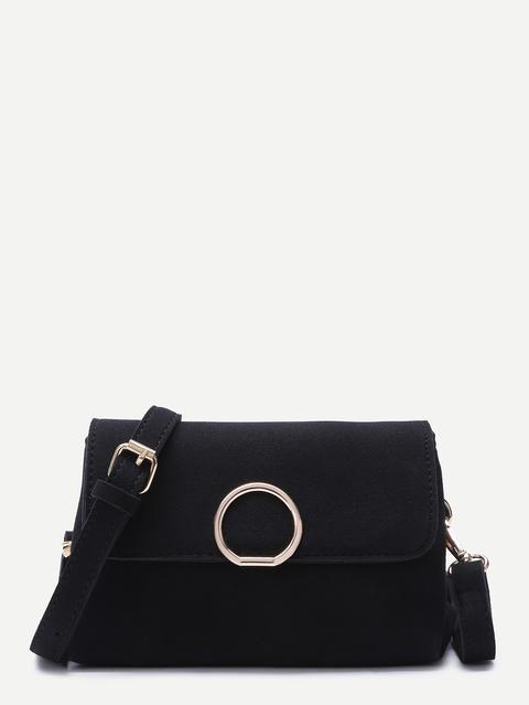Bolso Bandolera De Cuero Nubuck Con Solapa Negro
