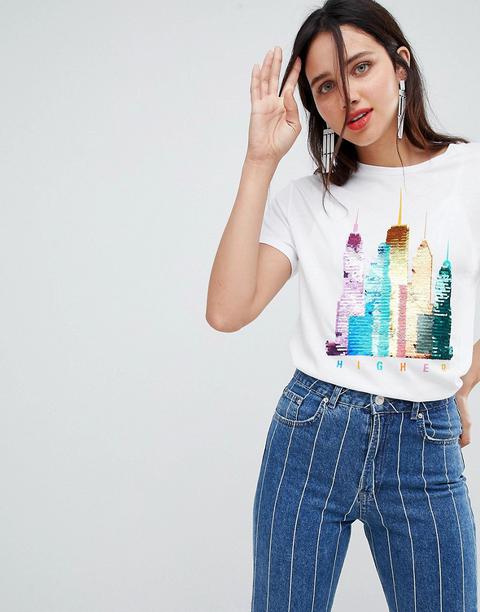 Stradivarius - T-shirt Mit Skyline Und Paillettenbesatz - Weiß