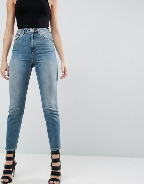 Asos Design - Farleigh - Mom Jeans Slim A Vita Alta Lavaggio Chayne - Blu