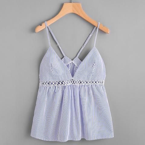 Camisola De Rayas Verticales Con Panel De Encaje De Huecos