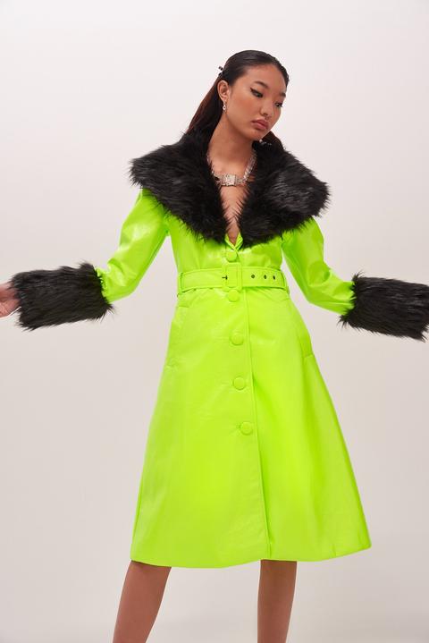 Neon Midi Coat With Black Faux Fur