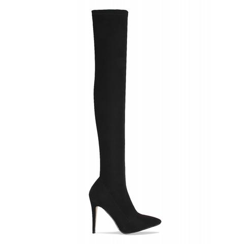 Tamsin Black Suede Lycra Stiletto Thigh High Boots