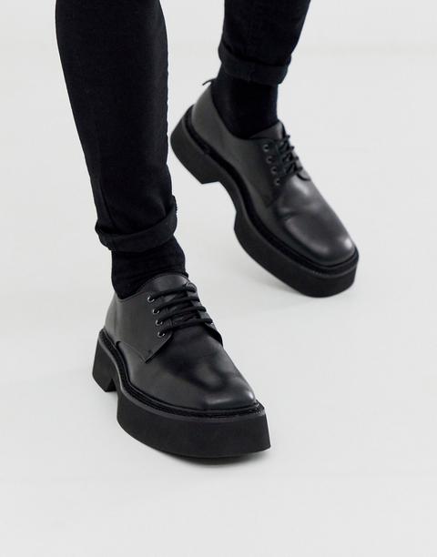 Asos Design Lace Up Square Toe Shoes In Black Leather With Block Colour Chunky Sole