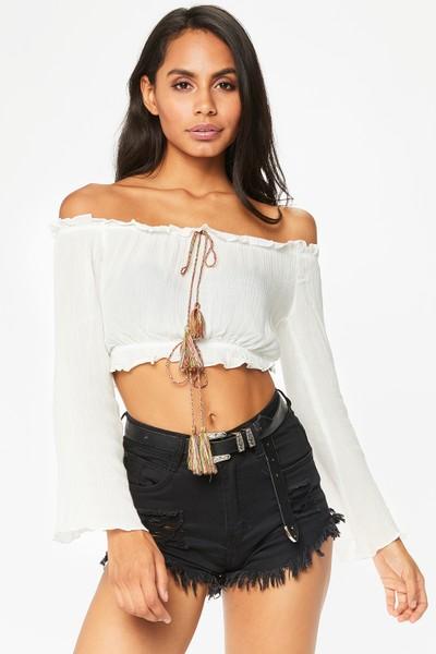 Riley White Tassel Bardot Crop Top