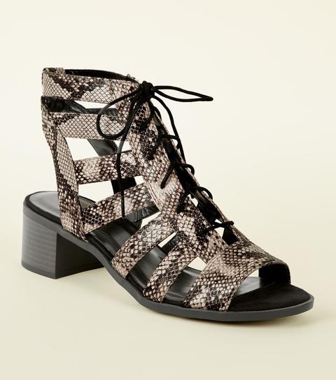 Stone Faux Snake Lace Up Ghillie Heel Sandals New Look