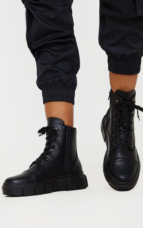 Black High Ankle Lace Up Chunky Boot