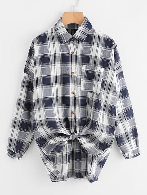 Checked Dip Hem Shirt With Chest Pocket