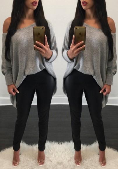 Grey Plain Asymmetric Shoulder Long Sleeve Pullover Sweater