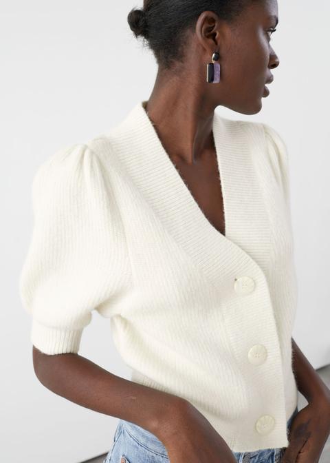 puff sleeve wool blend cardigan