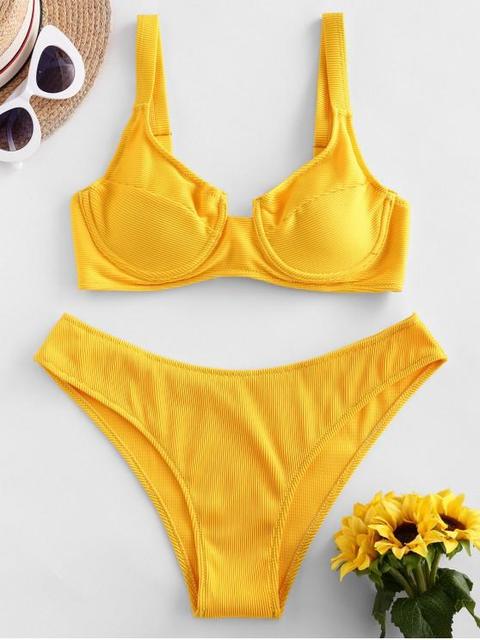 Zaful Bikini De Corte Alto Con Aros Chestnut Mustard Black