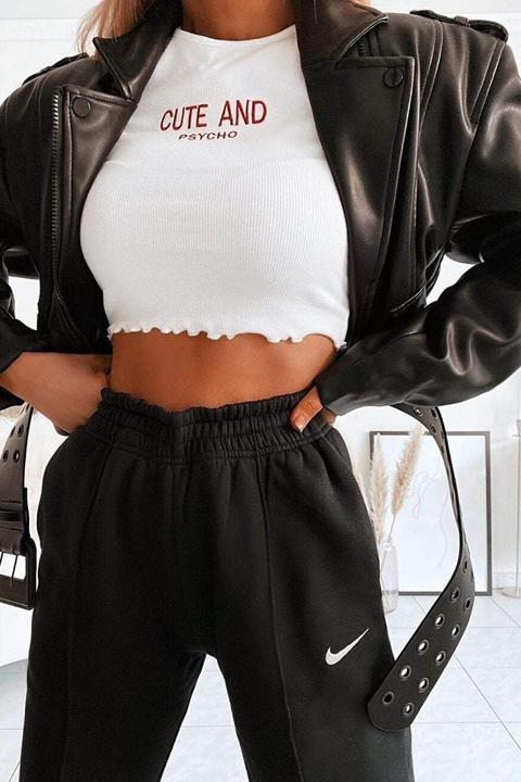 White 'cute And Psycho' Crop Top