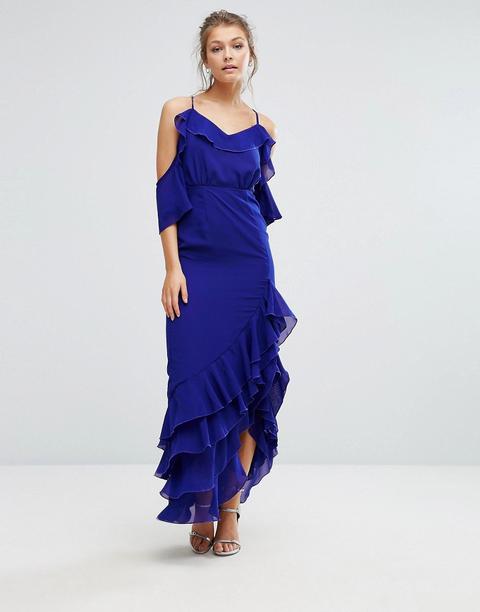 True Decadence - Vestito Lungo Con Spalle Scoperte E Fondo Con Volant E Spacco - Blu