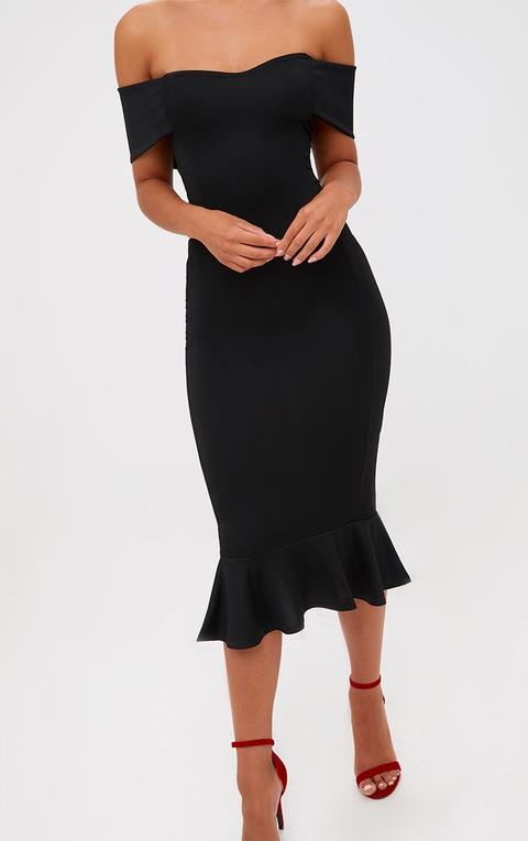 black bardot frill hem midi dress