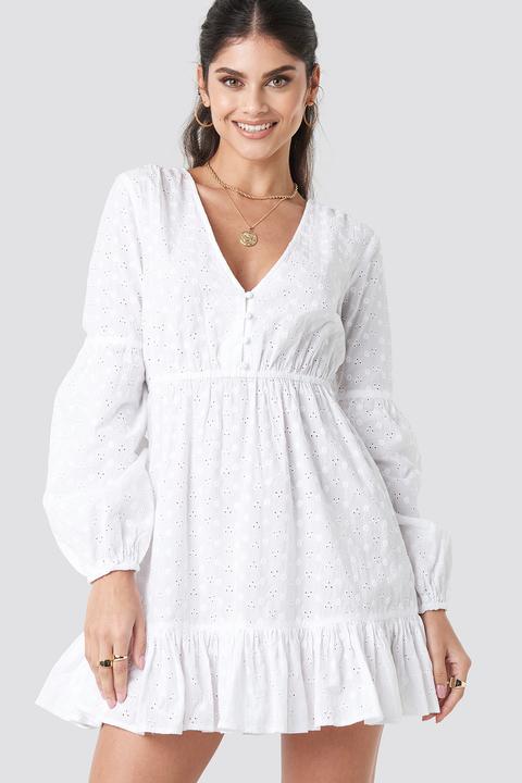 Na-kd Boho Anglaise Balloon Sleeve Dress - White