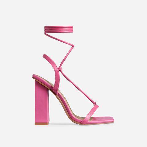 Scandalous Lace Up Square Toe Block Heel In Pink Faux Leather, Pink