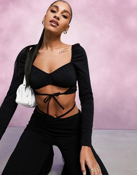 Asos Design Low Rise Flare Trouser With Strap Detail And Ruched Waist In Black