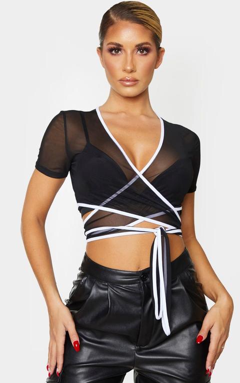 Black Contrast Short Sleeve Mesh Tie Crop Top