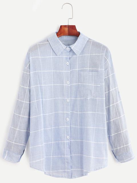 Camisa De Cuadros Con Hombro Caído Y Bolsillo Azul
