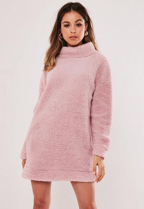 Pink Borg Teddy High Neck Sweater Dress 