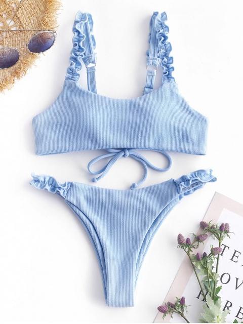 Zaful Bikini De Correa Con Cordones Acanalados Light Sky Blue