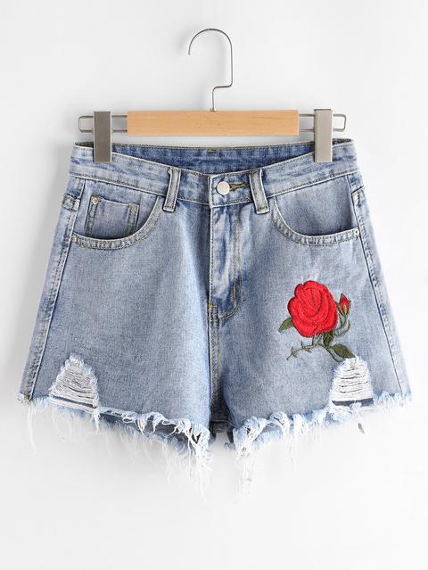 Rose Embroidered Destroyed Fray Hem Chambray Shorts