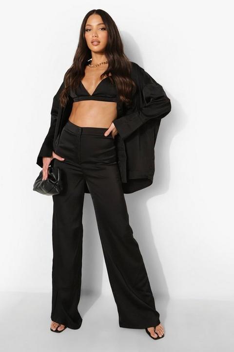 Womens Tall Satin Bralet Shirt Trouser Co-ord - Black - 16, Black