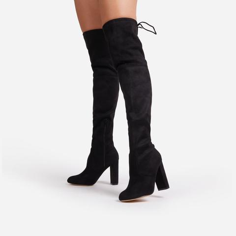 Ivy Over The Knee Black Faux Suede Boots, Black