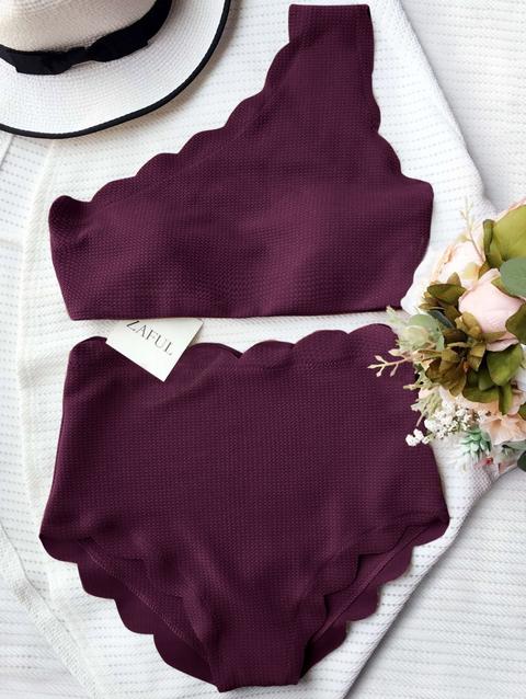 High Rise Scalloped One Shoulder Bikini