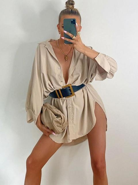 Julie Oversized Dip Hem Shirt Dress In Stone