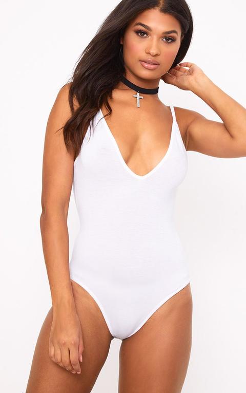 Basic White Plunge Strappy Thong Bodysuit