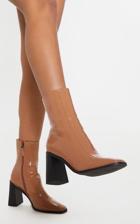 Taupe Patent Square Toe Block Heel Ankle Boot