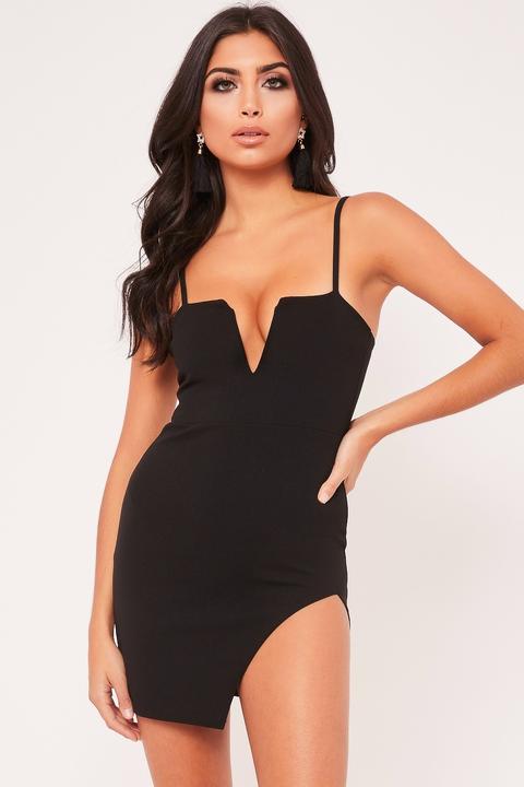 Kiera Black V Front Split Detail Bodycon Dress