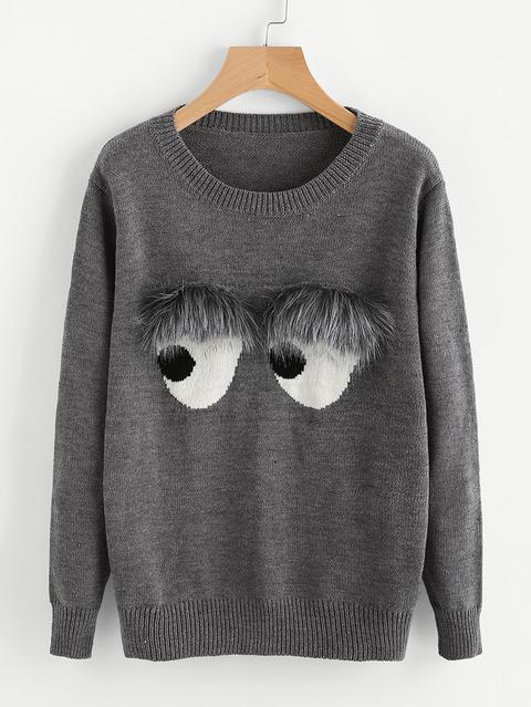 Faux Fur Embellished Eyes Pattern Jumper