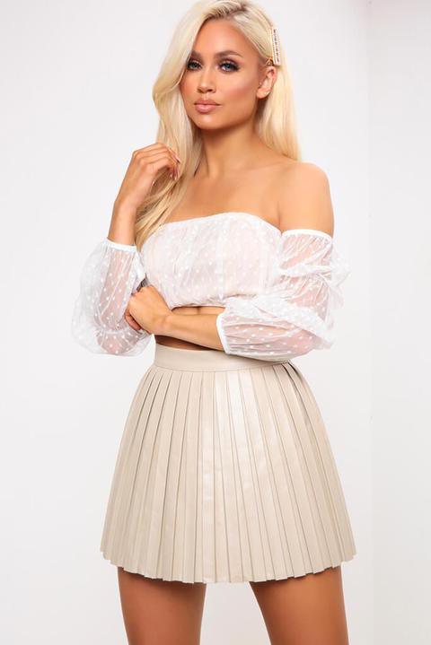 White Dobby Mesh Bardot Puff Sleeve Crop Top