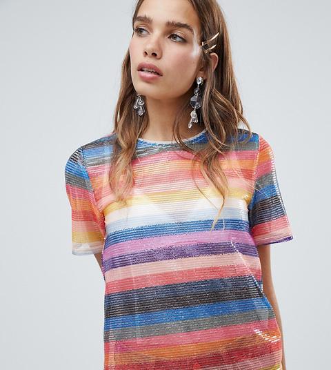Camiseta Con Lentejuelas Y Rayas Arcoíris De New Look-multicolor