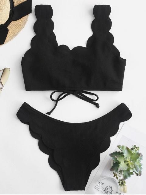 Bikini Con Diseño De Tanque Festoneado Y Texturizado Zaful Black