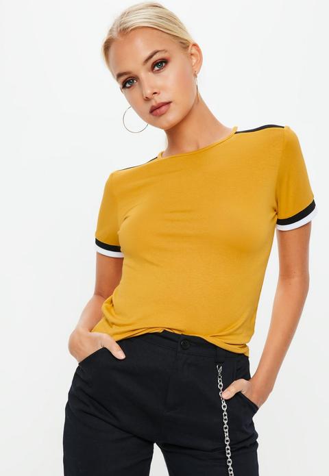 Mustard Yellow Striped Shoulder T-shirt, Brown